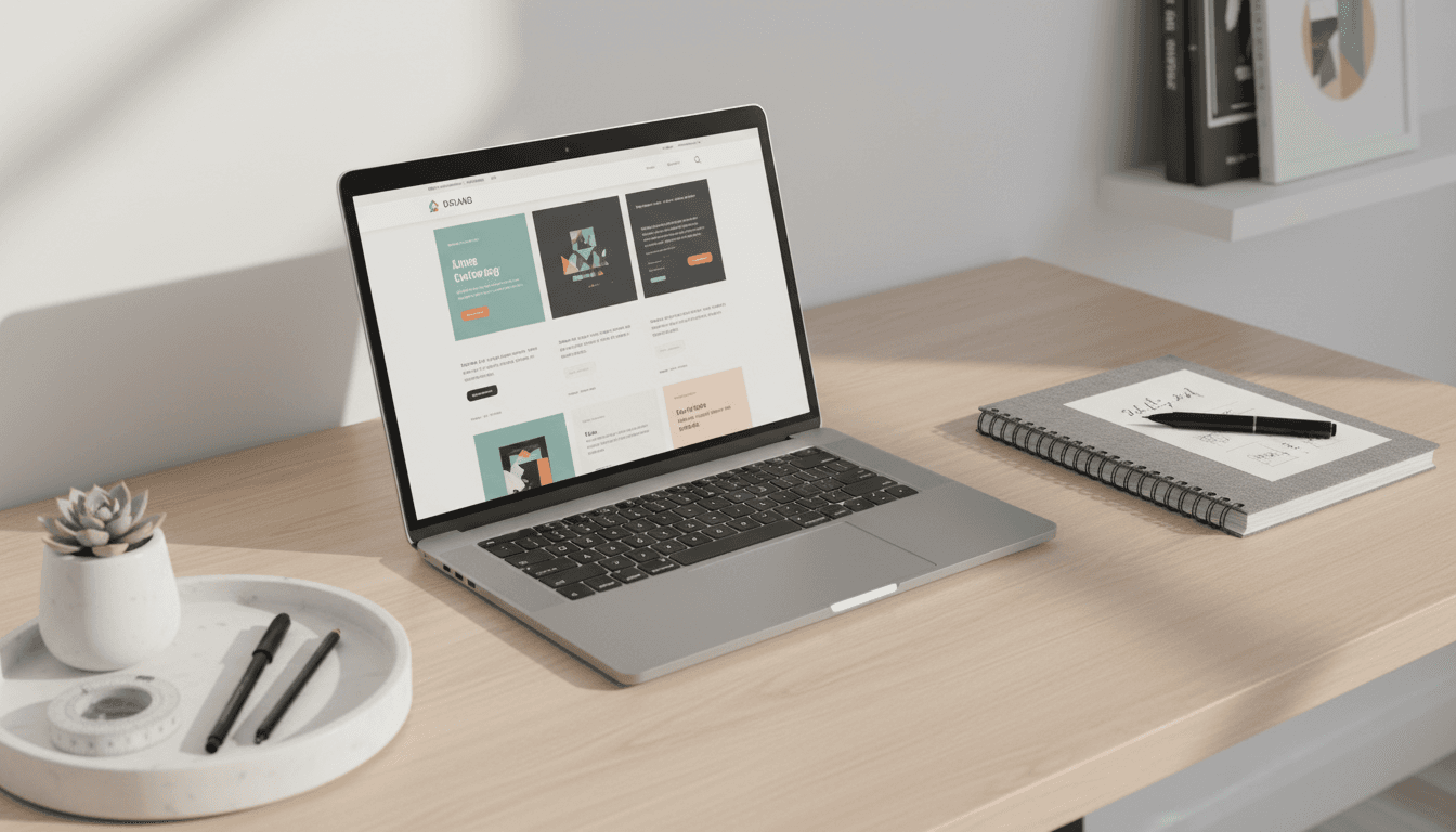 Designer's workspace showing a professional website on screen
