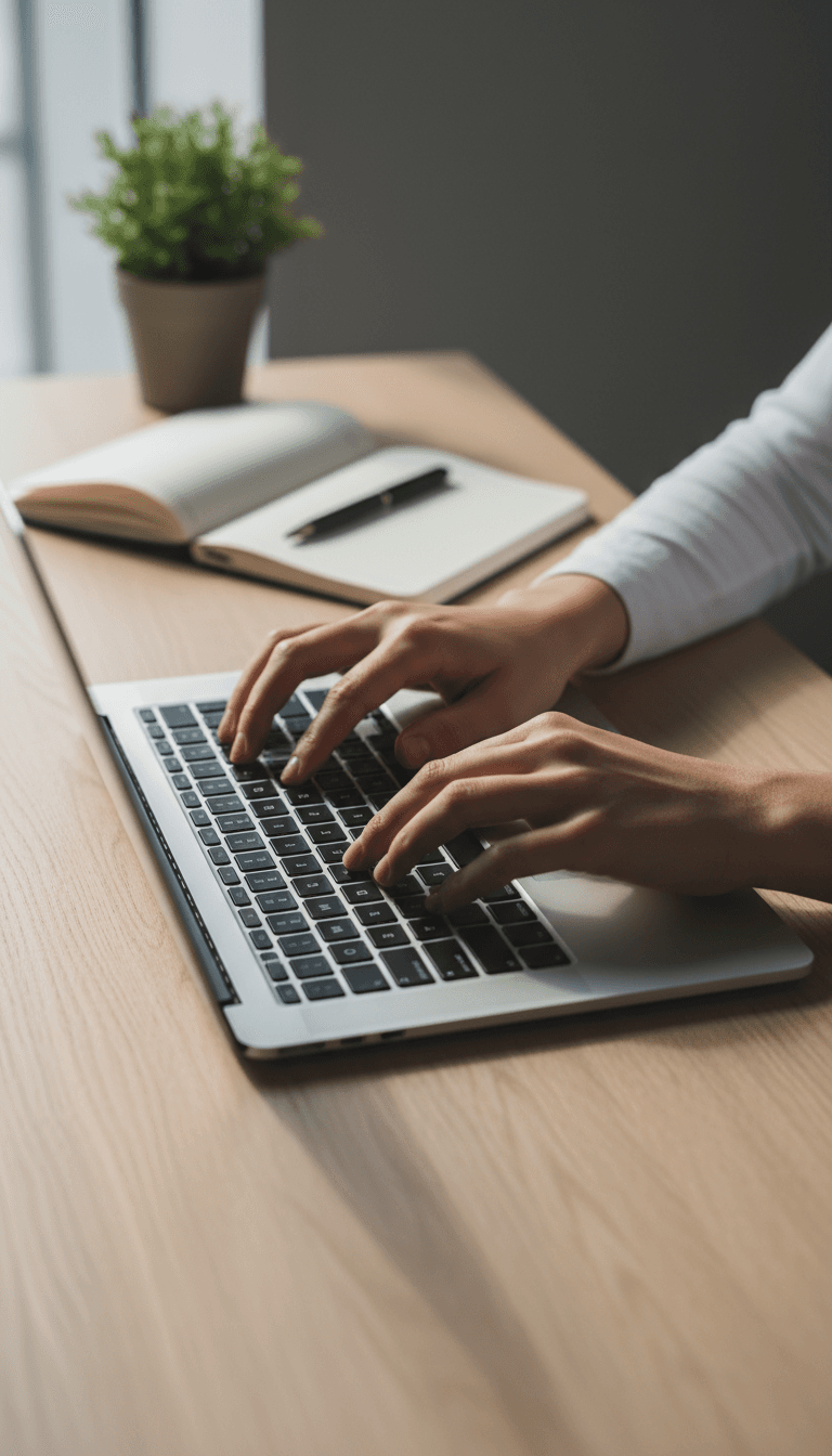 Designer working on a laptop at a clean workspace